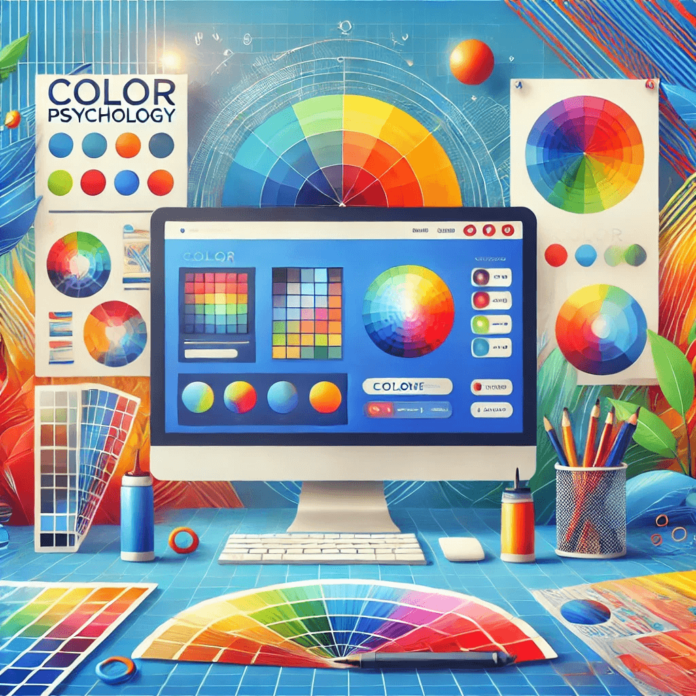 Illustration showcasing the impact of color psychology in web design with vibrant examples of color schemes influencing user behavior.