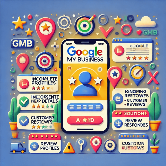 Illustration highlighting common Google My Business (GMB) mistakes, including incomplete profiles, inconsistent NAP details, and ignoring customer reviews, with solution icons for optimization.