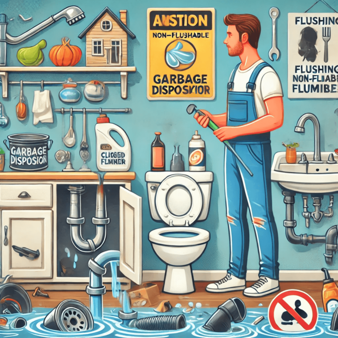 Illustration of common plumbing mistakes, including an overflowing garbage disposal, clogged sink, dripping faucet, and warnings about non-flushable items.