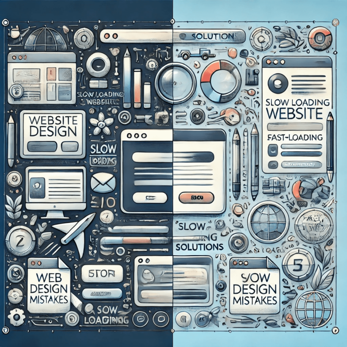 Illustration showing common website design mistakes like cluttered layouts and poor navigation alongside solutions for sleek, modern web design.