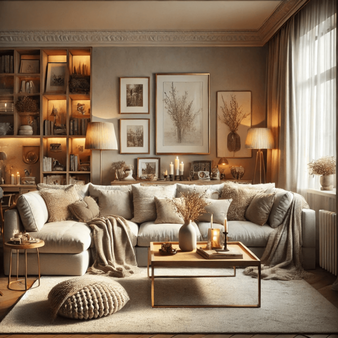 A cozy living room featuring a beige sectional sofa with plush throw pillows, a soft area rug, a wooden coffee table, and layered lighting including table lamps, a floor lamp, and candles.