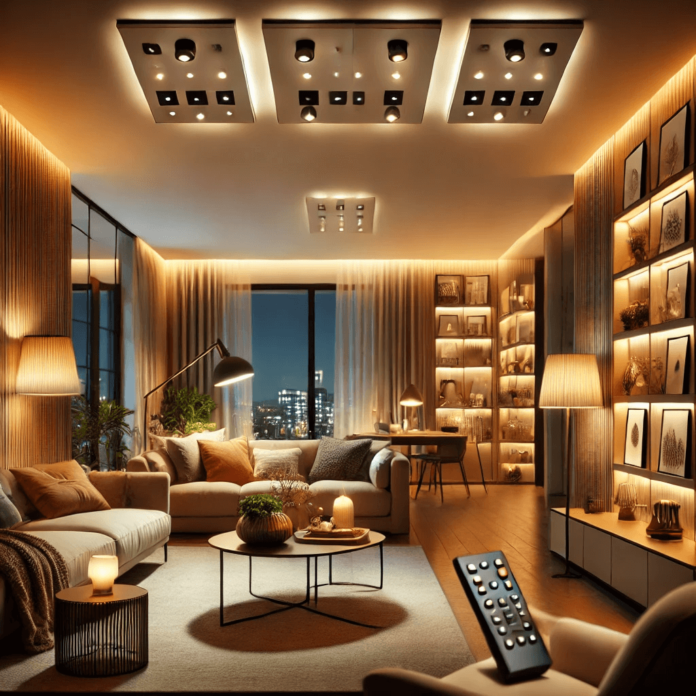 A modern living room featuring layered lighting controlled by dimmer switches, including ambient ceiling lights, accent wall lights, and a soft floor lamp, creating a warm and inviting ambiance.