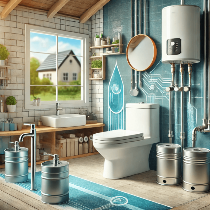 Illustration of an eco-friendly plumbing system featuring a dual-flush toilet, low-flow faucets, a tankless water heater, and a rainwater harvesting system.