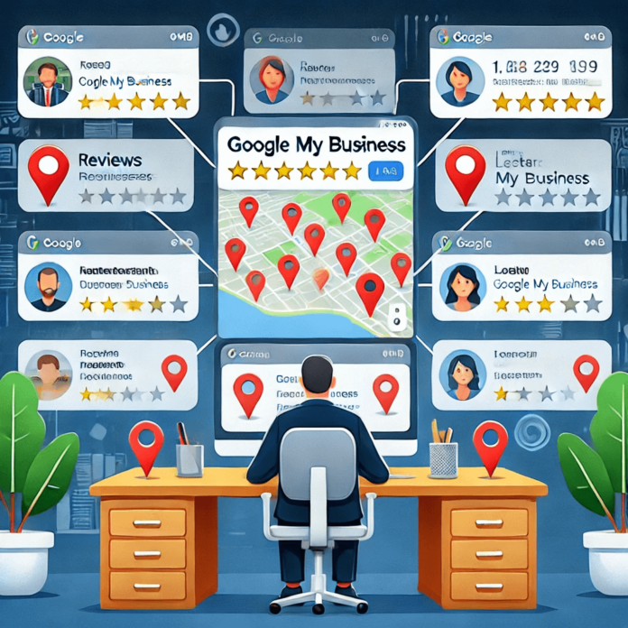 Illustration of managing multiple Google My Business locations with a centralized dashboard, showcasing reviews, performance metrics, and location-specific updates.