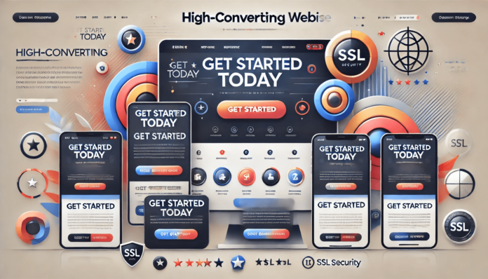 Modern illustration of a high-converting website with features like a bold CTA button, simplified navigation, responsive layouts on multiple devices, trust badges, and user testimonials.