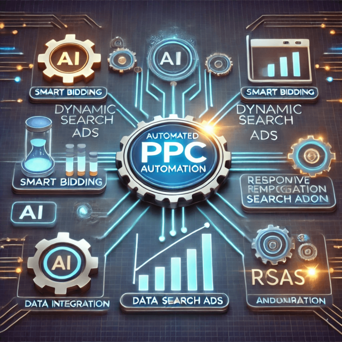 Futuristic illustration of PPC advertising trends for 2025, featuring a holographic dashboard with metrics like CTR, CPC, and ROAS, with a glowing tech-inspired cityscape in the background.