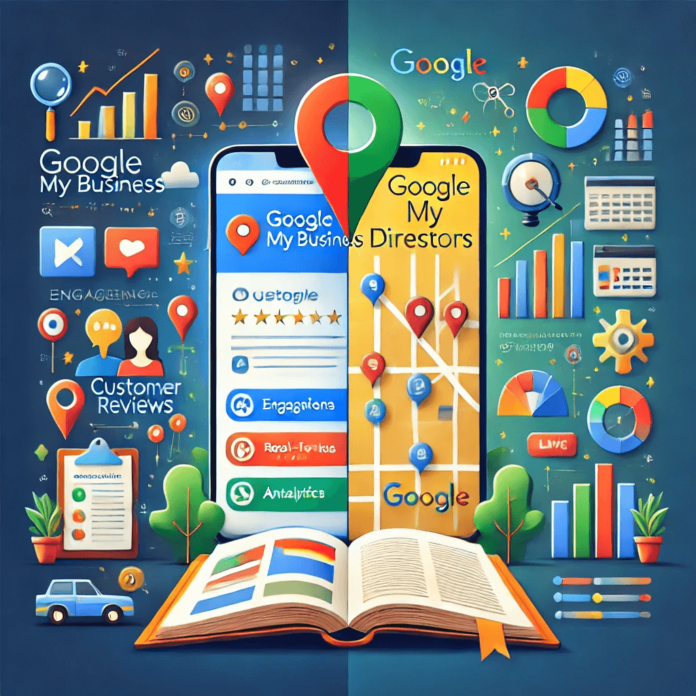 Illustration comparing Google My Business and traditional directories, featuring an optimized GMB profile with customer reviews, photos, and analytics contrasted with a static directory listing of basic contact details