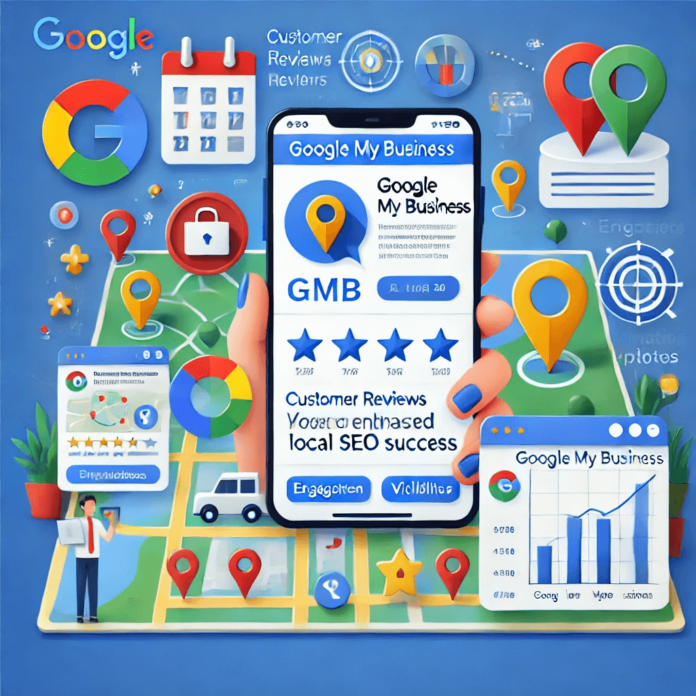 Illustration showing Google My Business boosting local SEO with a smartphone and desktop displaying an optimized profile, a map with location pins, analytics graph, and icons for engagement, updates, and visibility.