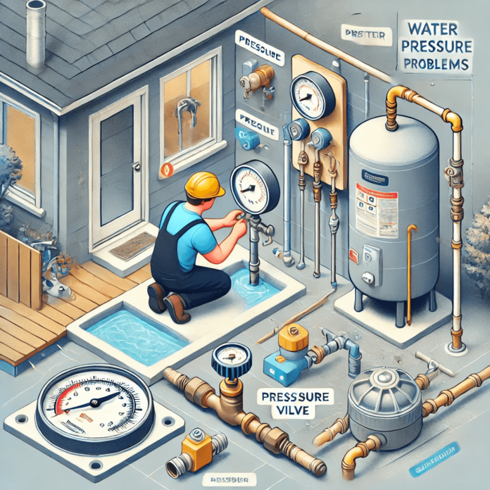 Illustration of a homeowner testing water pressure with a gauge, inspecting pipes for leaks, and adjusting a pressure-reducing valve in a residential setting.