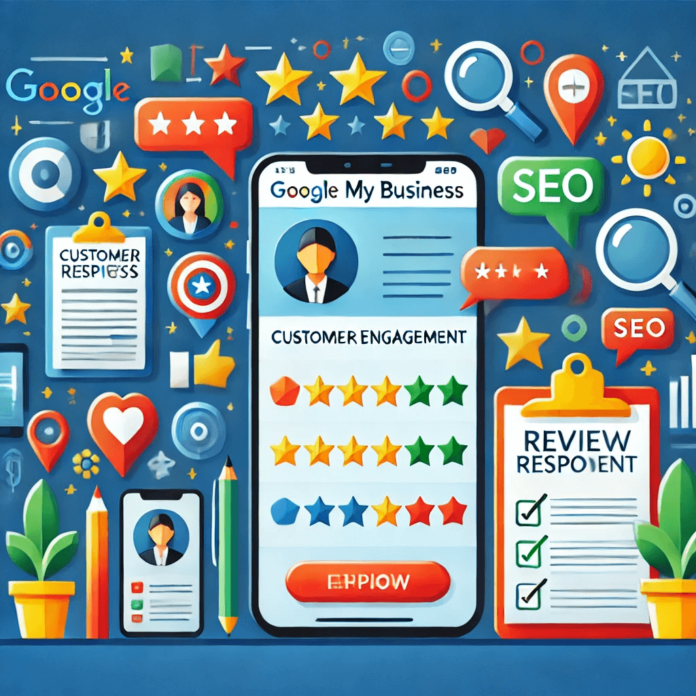 Illustration of managing Google My Business (GMB) reviews, featuring a profile on a smartphone and desktop with positive and negative reviews, icons for engagement, feedback management, and SEO.