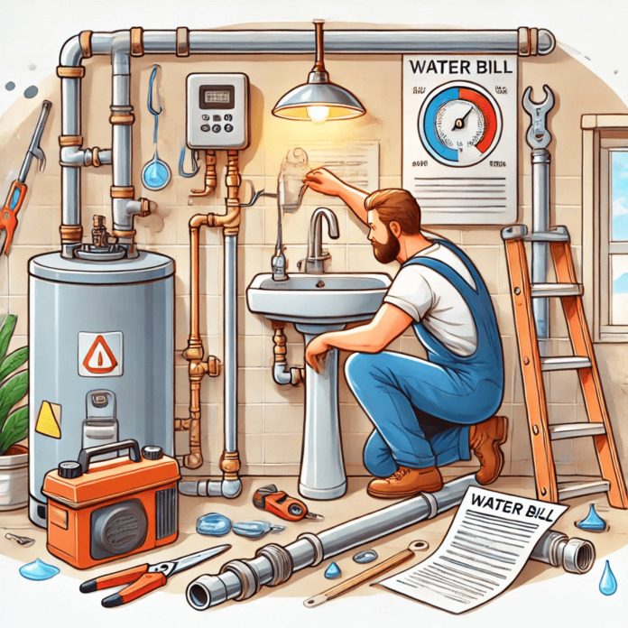 Illustration of a professional plumber inspecting a leaky pipe under a sink, testing water pressure with a gauge, and checking a water heater in a residential setting.