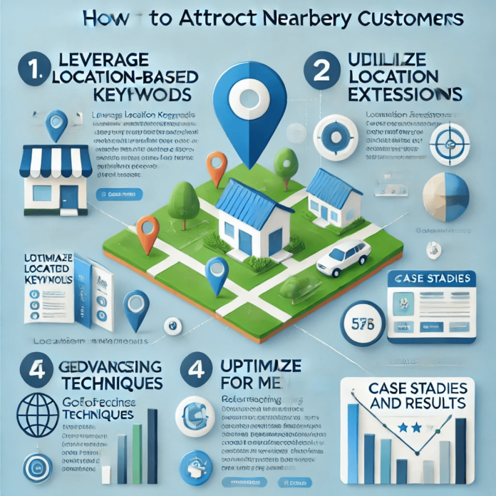 Infographic on local PPC strategies, featuring tips on location-based keywords, mobile optimization, geofencing, and success stories for boosting local visibility.