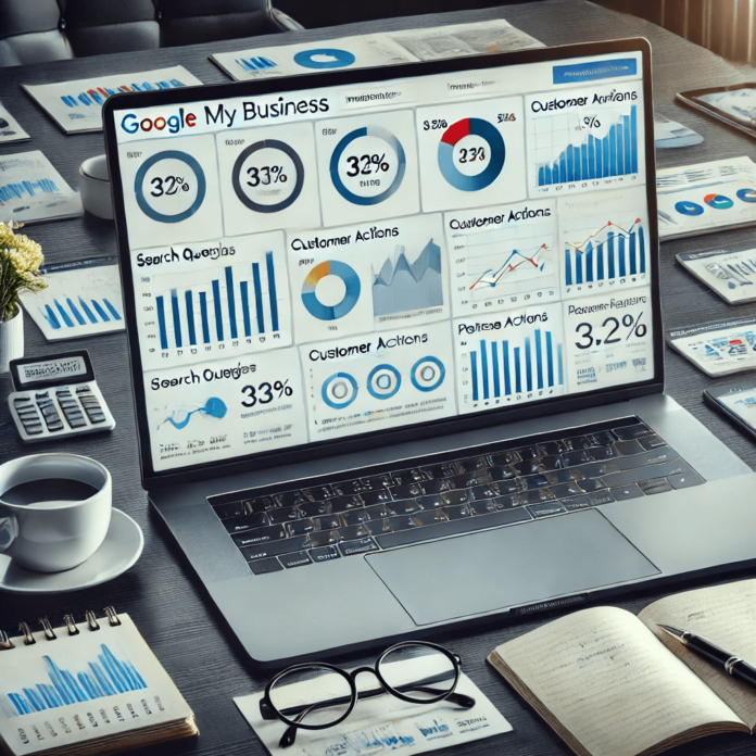 Google My Business Insights dashboard displaying analytics data, charts, and customer behavior metrics for marketing optimization.