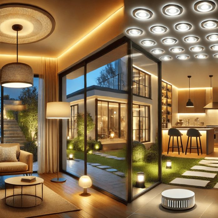 A modern home showcasing LED lighting in various spaces, including warm ambient lighting in the living room, bright under-cabinet LED lighting in the kitchen, recessed ceiling LEDs, and outdoor pathway lights visible through large windows.