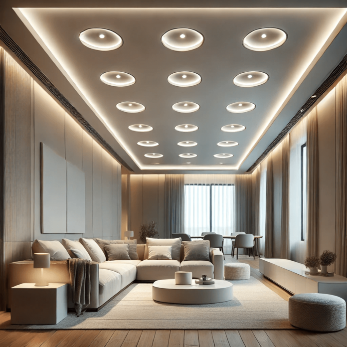 A contemporary living room featuring evenly spaced recessed LED lights in the ceiling, providing soft and even illumination with a clean, minimalistic style.