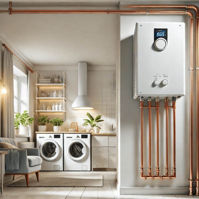 Illustration of a wall-mounted tankless water heater in a well-organized utility room, featuring a clean and bright design with connected pipes and nearby laundry appliances.