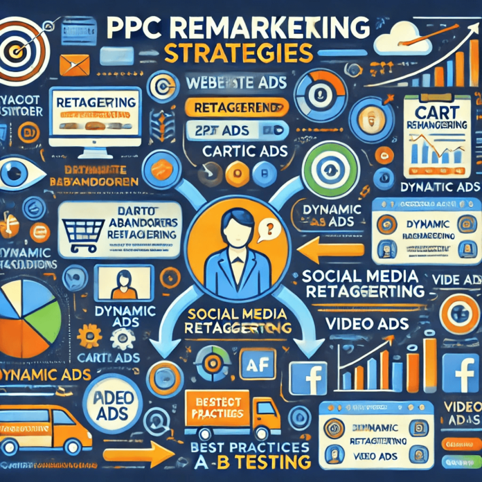 Infographic showcasing PPC remarketing strategies with vibrant icons for dynamic ads, social media retargeting, and video ads. Features audience segments like cart abandoners and engaged viewers, with arrows showing the flow from user interaction to tailored ad delivery.