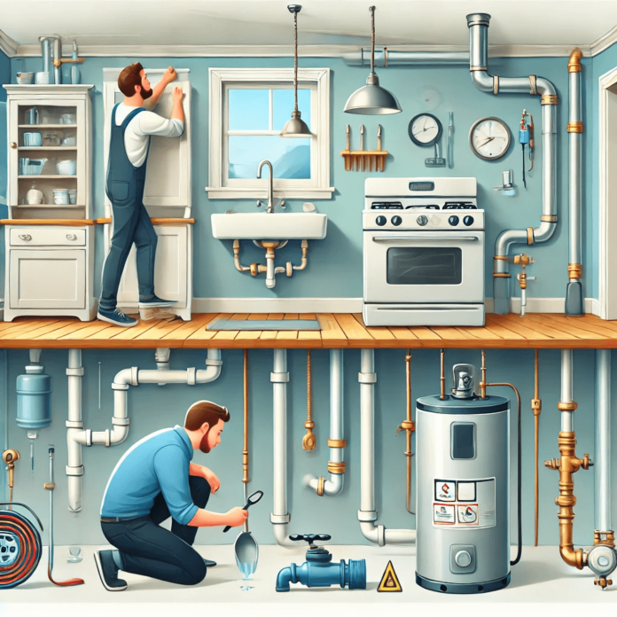 Illustration of a homeowner inspecting plumbing systems in a new home, checking under a sink, testing water pressure, examining a water heater, and reviewing pipes.