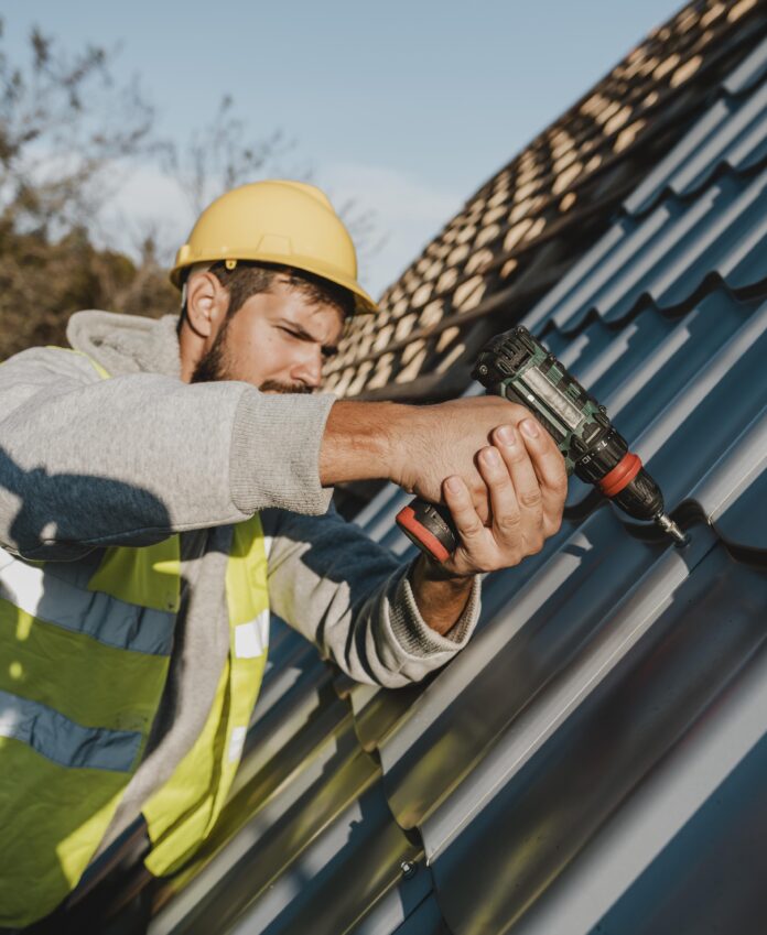 Visible roof repair signs such as missing shingles, water stains, and sagging areas indicating the need for professional roof maintenance.