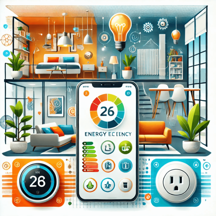 Illustration of a smart home with energy-saving devices, including smart thermostats, lighting, plugs, and motorized window shades, controlled via a smartphone app.