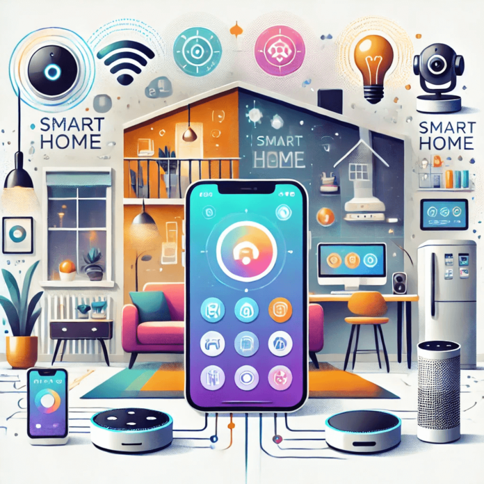 Illustration of a smart home setup featuring smart lighting, a thermostat, a voice assistant, and security devices controlled via a smartphone app.