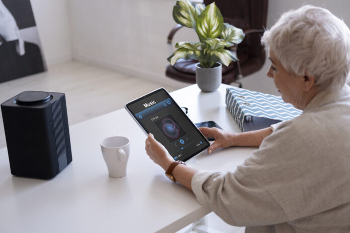 A smart home setup designed for seniors, featuring voice-controlled devices, fall detection systems, and user-friendly automation.