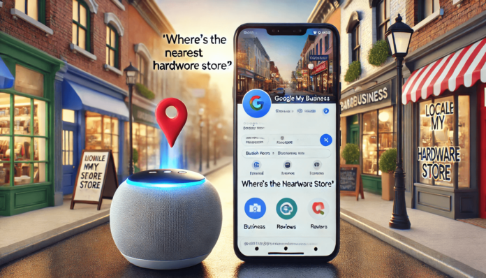 A smartphone displaying a Google My Business profile with business details like hours and reviews, alongside a smart speaker in a vibrant local business street scene, representing voice search and mobile SEO.