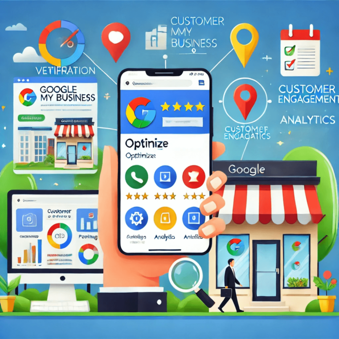 Illustration of a Google My Business profile optimization guide featuring a smartphone and desktop displaying business details, reviews, and photos, surrounded by icons for verification, engagement, analytics, and updates.