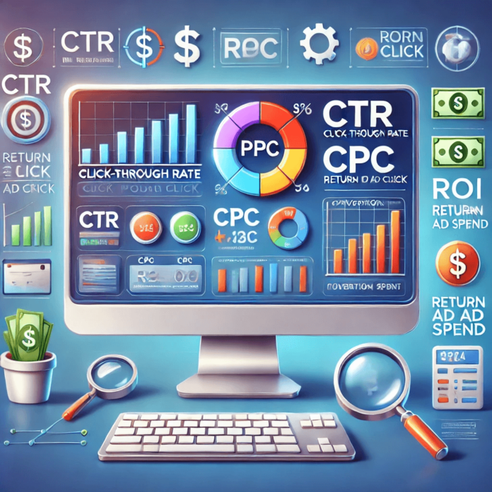 Modern illustration of PPC automation tools featuring a sleek interface with Smart Bidding, Dynamic Search Ads (DSAs), and Responsive Search Ads (RSAs), surrounded by AI elements, data integration icons, and a glowing tech-inspired background.