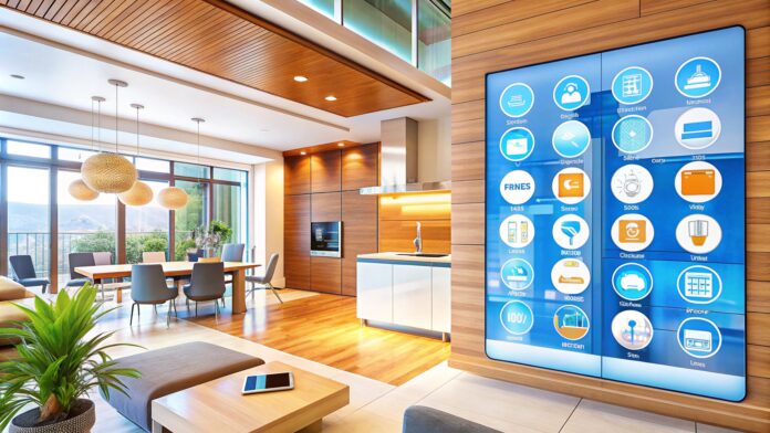 Illustration of futuristic smart home technology, showcasing AI integration, energy efficiency, and advanced automation.