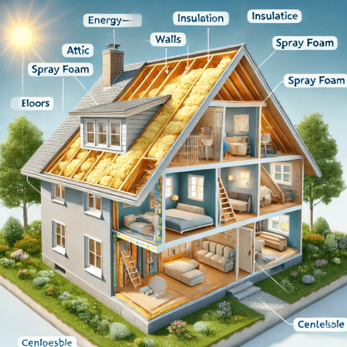 Cross-section of a home with energy-efficient insulation in the attic, walls, floors, and crawl spaces, surrounded by a sunny, sustainable environment.