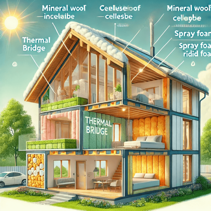 Cross-section of a Passive House showing advanced insulation in walls, roof, floors, and windows, highlighting mineral wool, cellulose, spray foam, and rigid foam with thermal bridges marked.