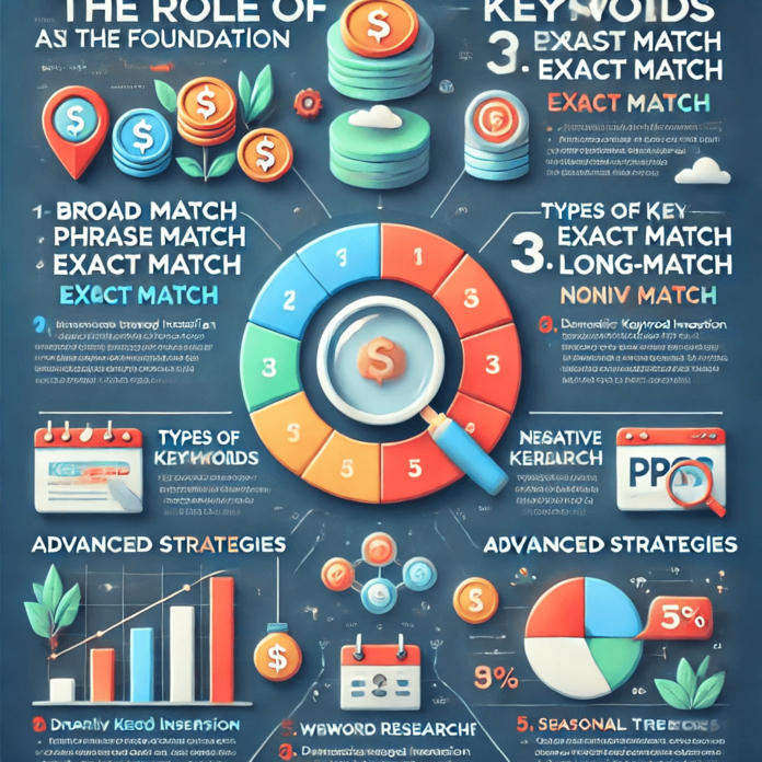 Infographic showcasing the role of keywords in PPC advertising with sections on keyword foundation, types of keywords, matching user intent, keyword research, and advanced strategies like dynamic keyword insertion and geo-targeting.