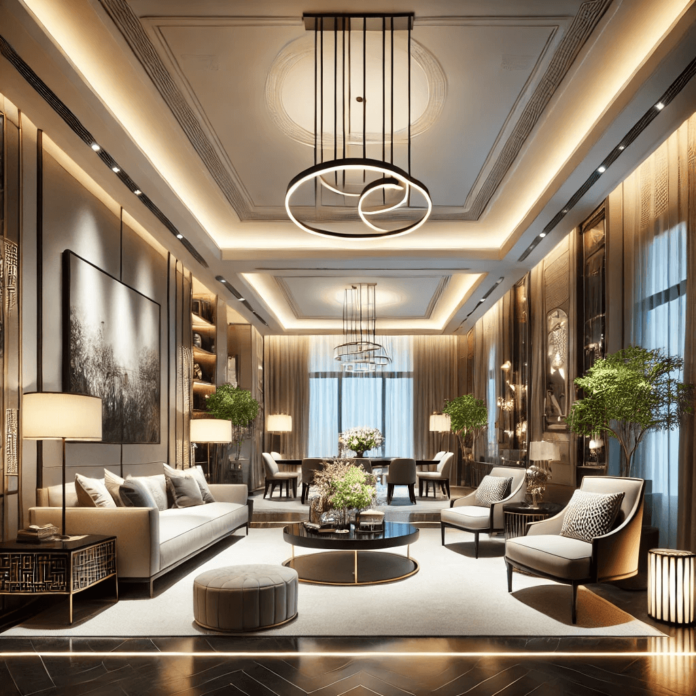 A luxurious living room with layered lighting, including a chandelier, recessed lights, and accent lighting, highlighting elegant decor and enhancing the ambiance.