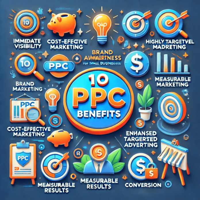 Infographic illustrating the top 10 benefits of PPC advertising for small businesses, including immediate visibility, cost-effective marketing, highly targeted ads, improved brand awareness, measurable results, and enhanced conversion rates.