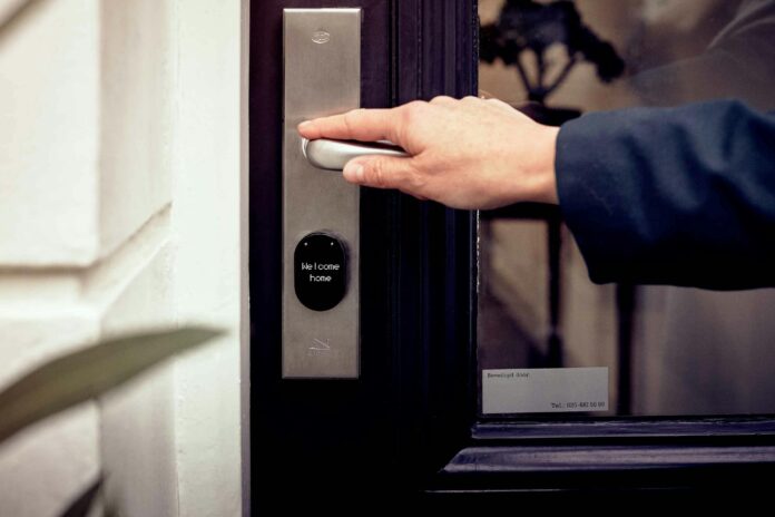 Illustration of smart home security devices including cameras, video doorbells, smart locks, and motion sensors integrated into a modern home setup.