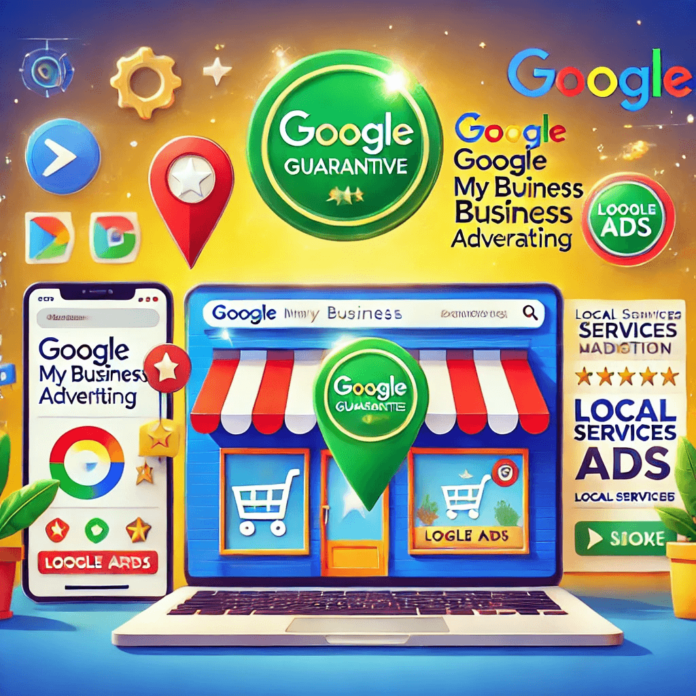 Illustration of Google My Business advertising features, including Google Ads integration, Local Services Ads with a Google Guarantee badge, and marketing strategies for ROI growth.