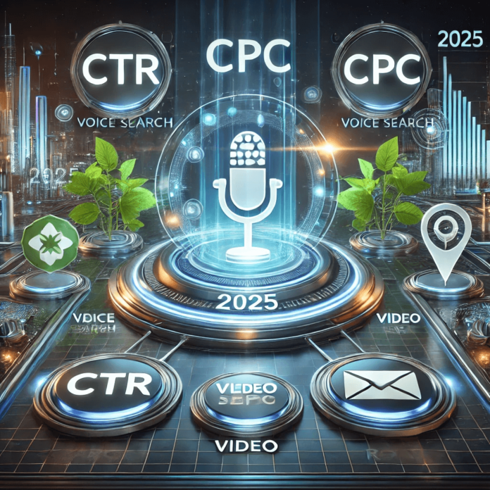 Infographic of a PPC dashboard showcasing metrics like CTR, CPC, ROAS, and Conversion Rate, surrounded by optimization icons such as a magnifying glass, dollar sign, and gear symbol, with a gradient blue background.