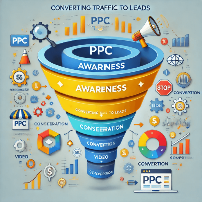 Infographic of the PPC Funnel illustrating three stages: Awareness (yellow layer with a magnifying glass and megaphone icons), Consideration (blue layer with a loop arrow and video player icons), and Conversion (red layer with dollar sign and shopping cart icons).