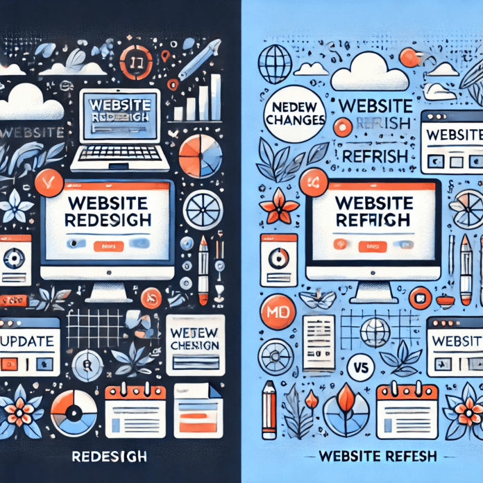 An illustration comparing website redesign and refresh, showcasing a full overhaul versus minor updates for digital transformation.