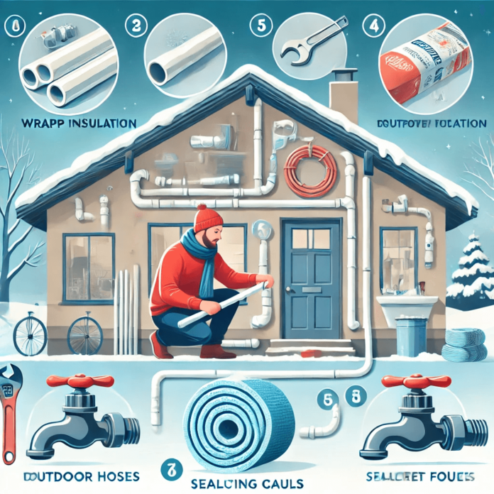 Illustration of a homeowner insulating pipes, sealing gaps, and installing faucet covers to winterize their plumbing system and prevent frozen pipes.