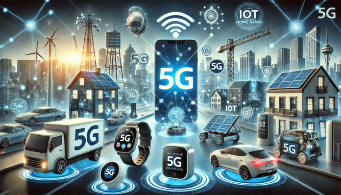 Illustration of 5G gadgets, including a smartphone, smart wearable, IoT devices, and a self-driving car in a connected ecosystem with glowing 5G signals.