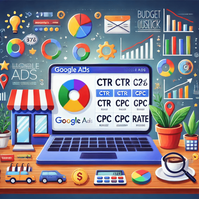 Illustration of a laptop screen displaying a Google Ads dashboard with metrics like click-through rate (CTR), cost-per-click (CPC), and conversion rate.