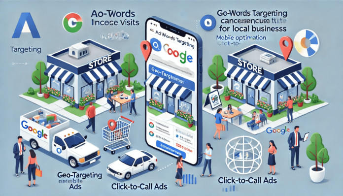 Illustration showing AdWords targeting strategies for increasing store visits, featuring geo-targeting, mobile ads, click-to-call, and performance tracking.