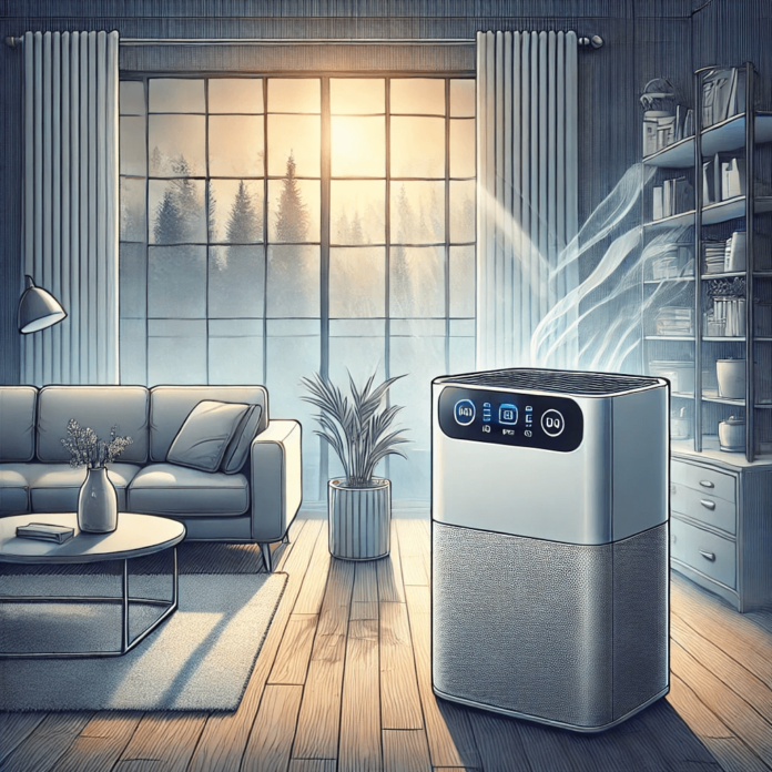 Advanced air purifier with HEPA and activated carbon filters in a modern living room, effectively removing pet dander, smoke, and VOCs, showcasing a cleaner indoor environment.