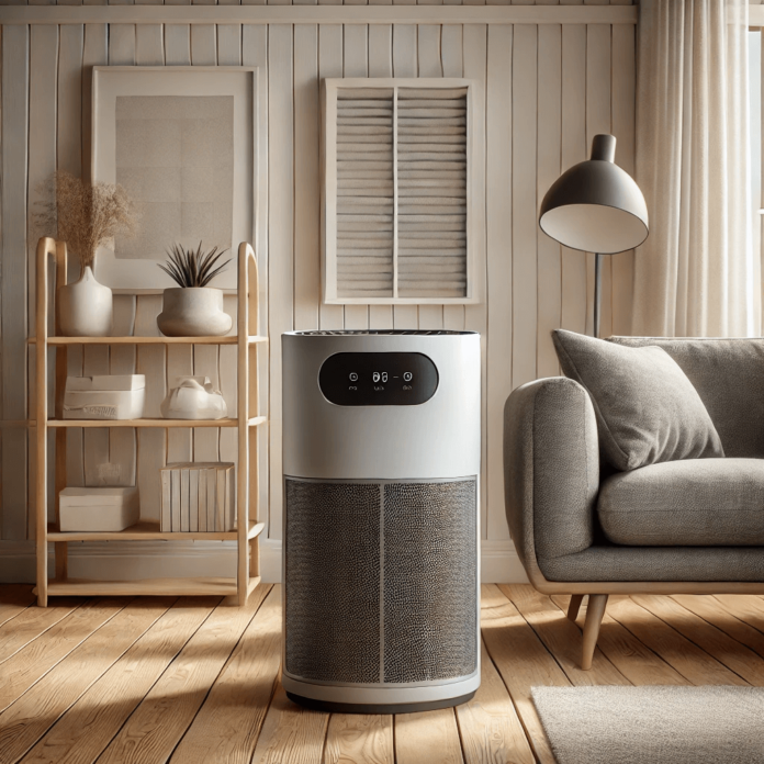 A sleek air purifier with multiple filtration technologies in a bright, modern living room