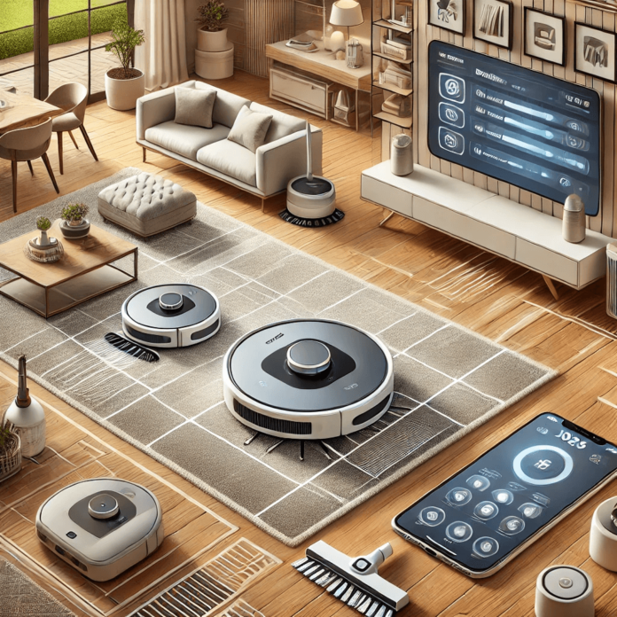 Illustration of a modern home with the best robot vacuum cleaners of 2025 featuring smart navigation, self-emptying bins, and app integration.