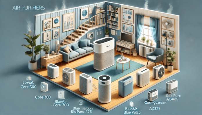 Illustration of affordable air purifiers, including Levoit Core 300 and Blue Pure 411, in a cozy home setting, emphasizing HEPA filters and compact designs.