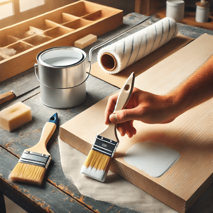 Close-up of a hand applying white primer to a wooden panel with a paintbrush, surrounded by painting tools like a roller, primer can, and sanding block.