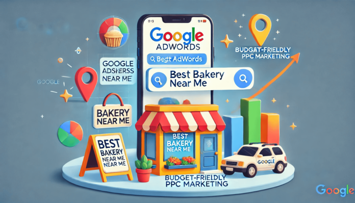 An illustration of Google AdWords benefits for local businesses, featuring a search bar, location pins, business storefront, and an upward sales graph.